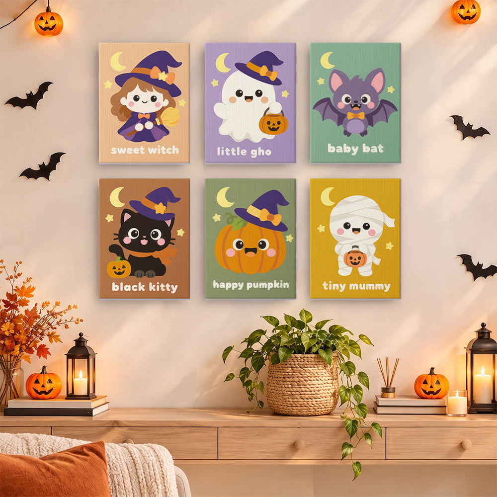 Named kawaii characters — a sweet witch, a little ghost, a baby bat, a black kitty, a happy pumpkin, and a tiny mummy — pose on soft pastel backgrounds, in a cute halloween paint by numbers mini set.