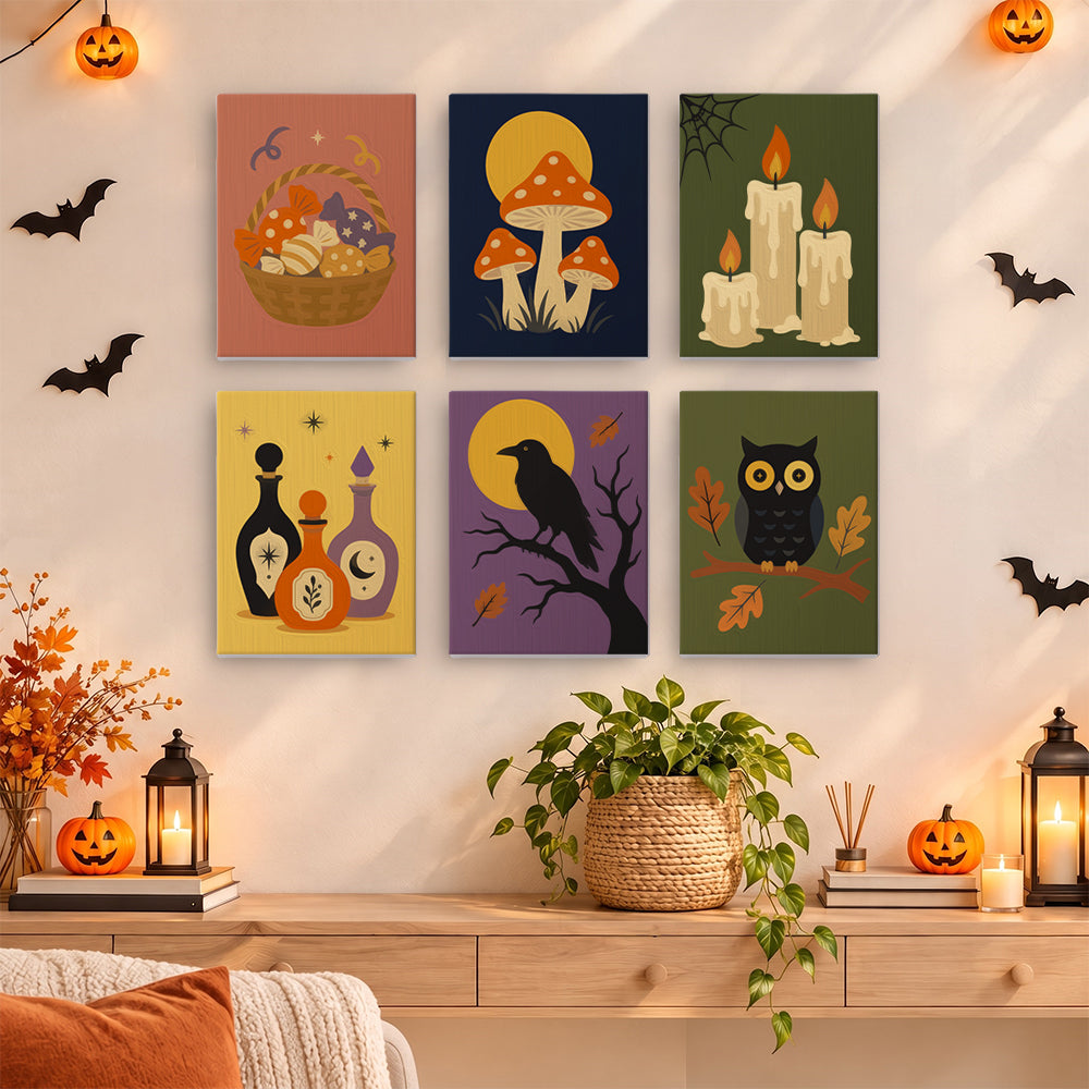 A Halloween mini paint by numbers set showing six small designs: a candy basket, mushrooms, candles, potion bottles, a crow, and an owl.
