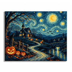 A swirling starry night sky over a haunted house, jack-o'-lanterns, and a stone bridge, in a Halloween paint by numbers design.