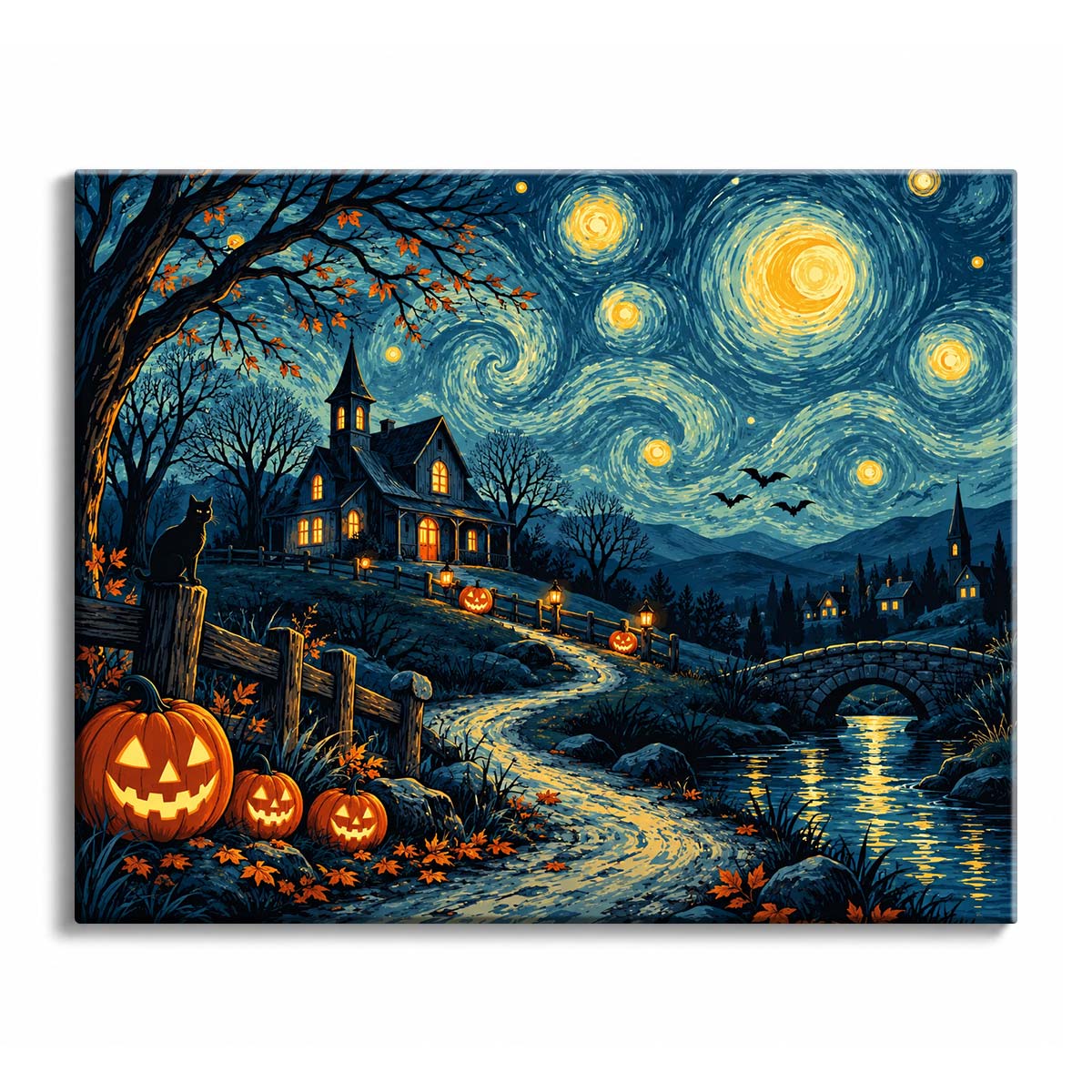 A swirling starry night sky over a haunted house, jack-o'-lanterns, and a stone bridge, in a Halloween paint by numbers design.