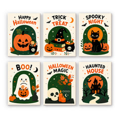 Hand-lettered Halloween greetings crown six green-arched designs with a jack-o'-lantern, a witch hat, a black cat, and a ghost, in a halloween paint by numbers mini set.