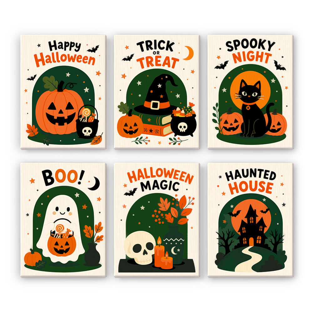 Hand-lettered Halloween greetings crown six green-arched designs with a jack-o'-lantern, a witch hat, a black cat, and a ghost, in a halloween paint by numbers mini set.