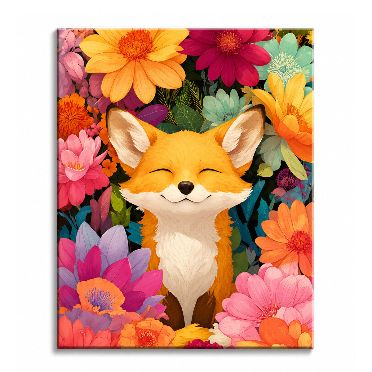A smiling fox with closed eyes surrounded by bright pink, orange and yellow flowers, shown as a paint by numbers canvas.