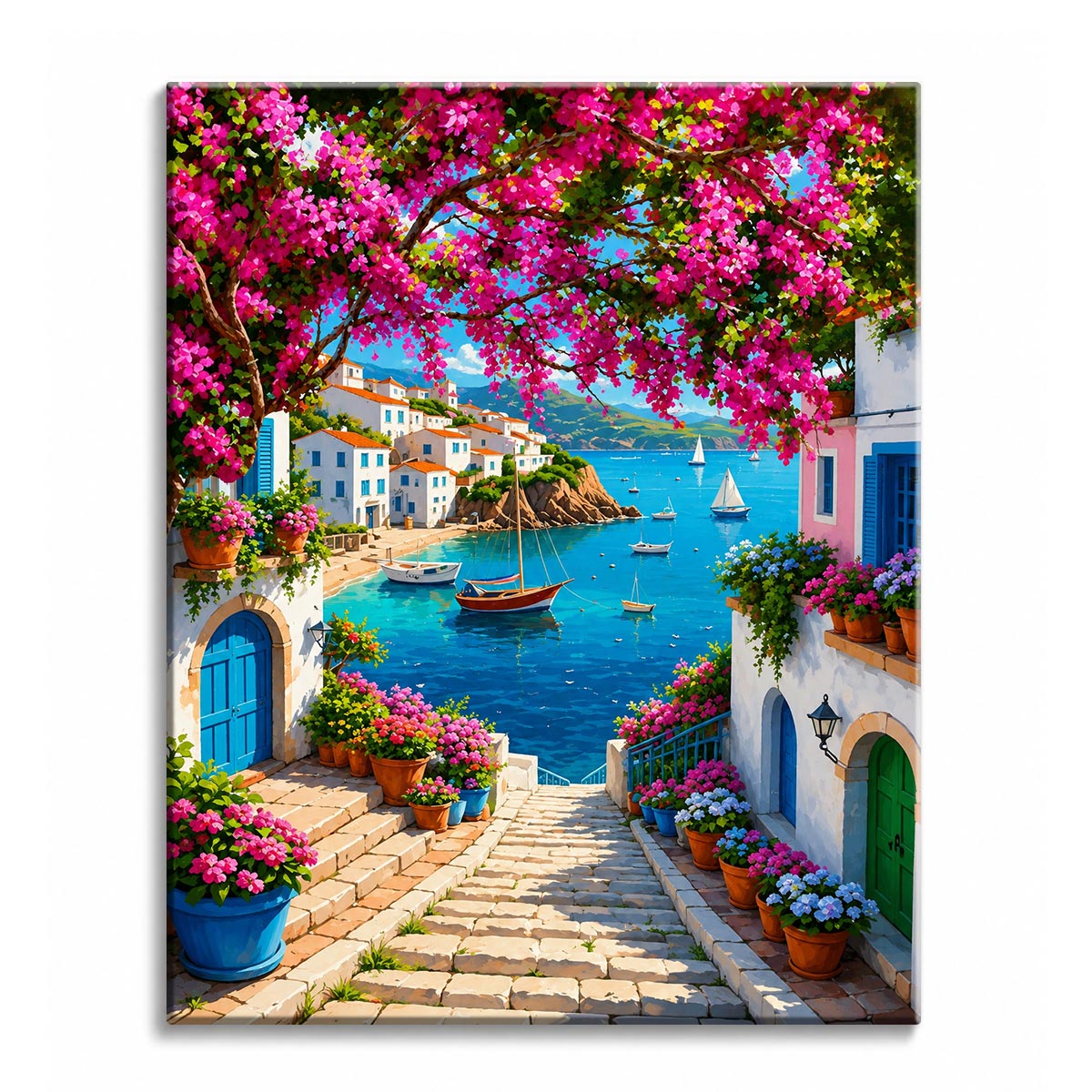 Stone steps lined with flower pots leading down to a turquoise Mediterranean bay with moored boats, painted as a paint by numbers canvas.