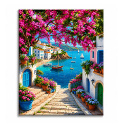 Stone steps lined with flower pots leading down to a turquoise Mediterranean bay with moored boats, painted as a paint by numbers canvas.