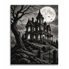 A haunted house paint by numbers design showing a lit Victorian mansion on a hill, a twisted bare tree and bats crossing a full moon in a cloudy night sky.