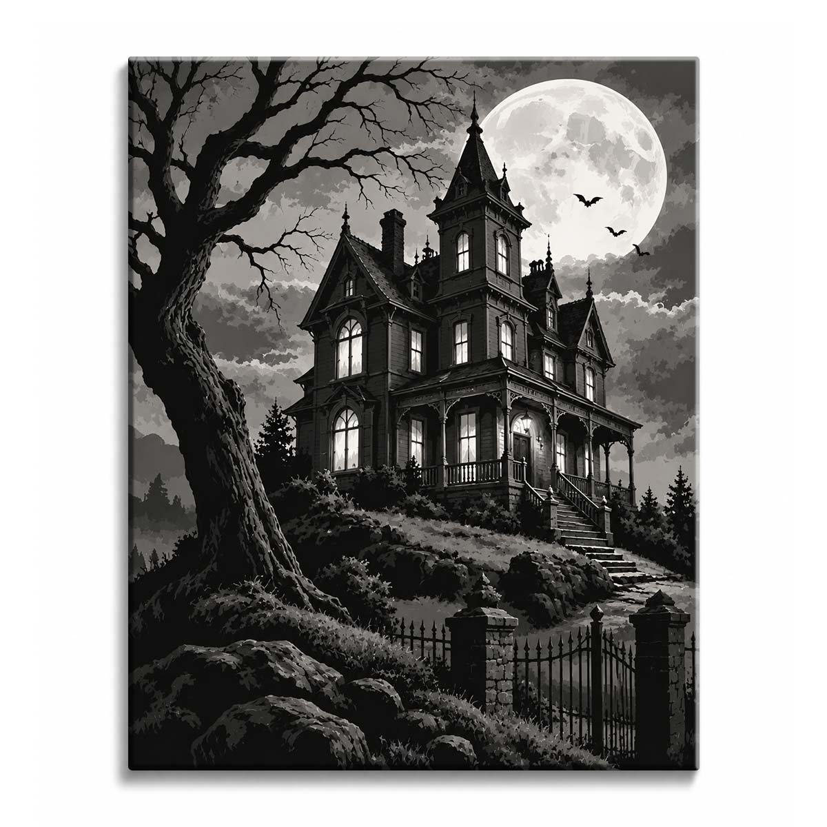 A haunted house paint by numbers design showing a lit Victorian mansion on a hill, a twisted bare tree and bats crossing a full moon in a cloudy night sky.