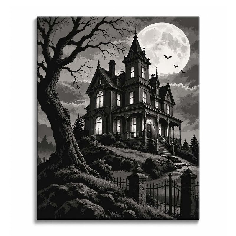 Black and White Haunted House Paint by Numbers Kit-zoom-