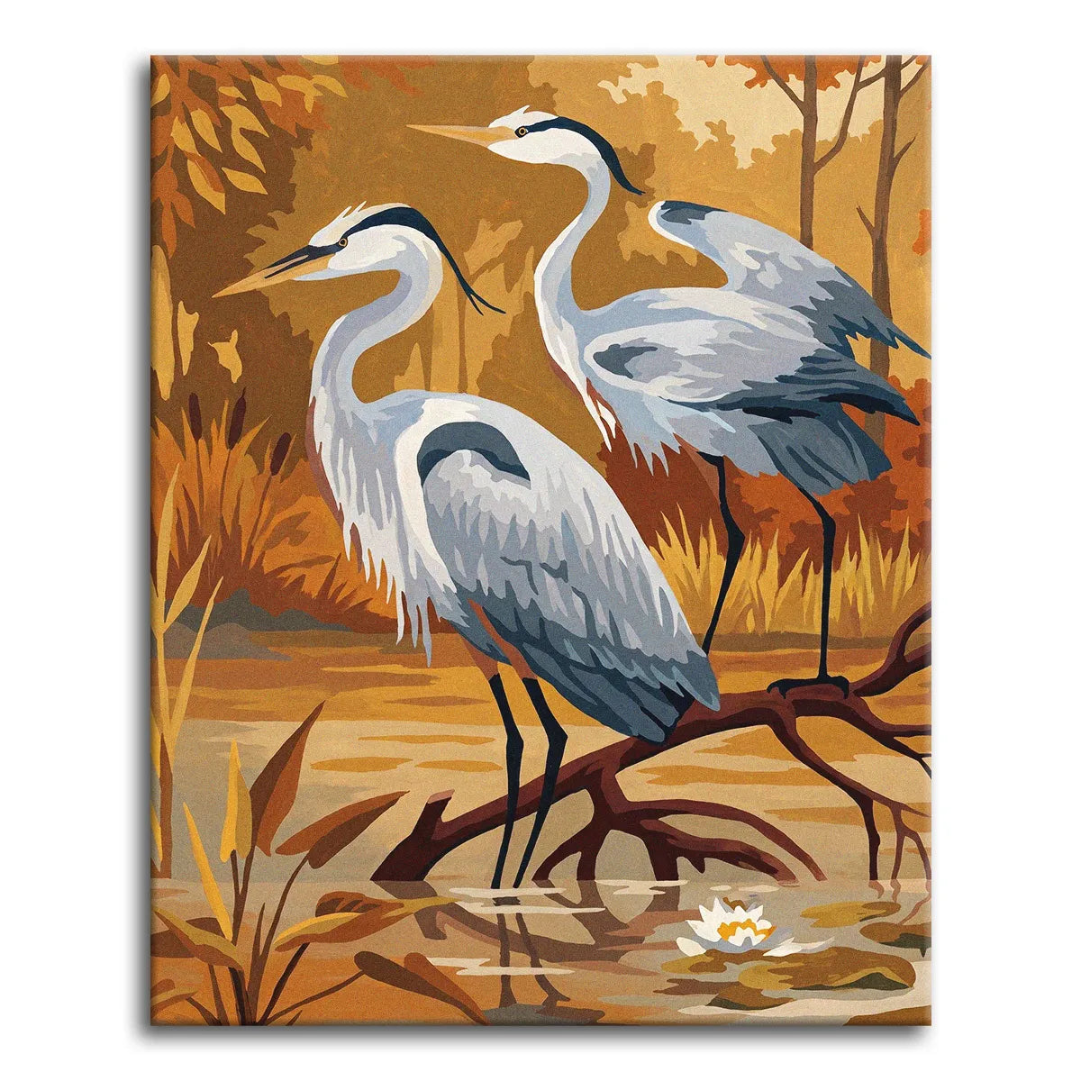 A paint by numbers scene of two blue-grey herons by a still pond against amber and rust autumn foliage with a white water lily.