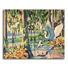 A soft, painterly paint by numbers scene of white and blue-grey herons taking flight in a moss-draped cypress swamp, with tall trees, still water reflections, and golden autumn foliage in the foreground.