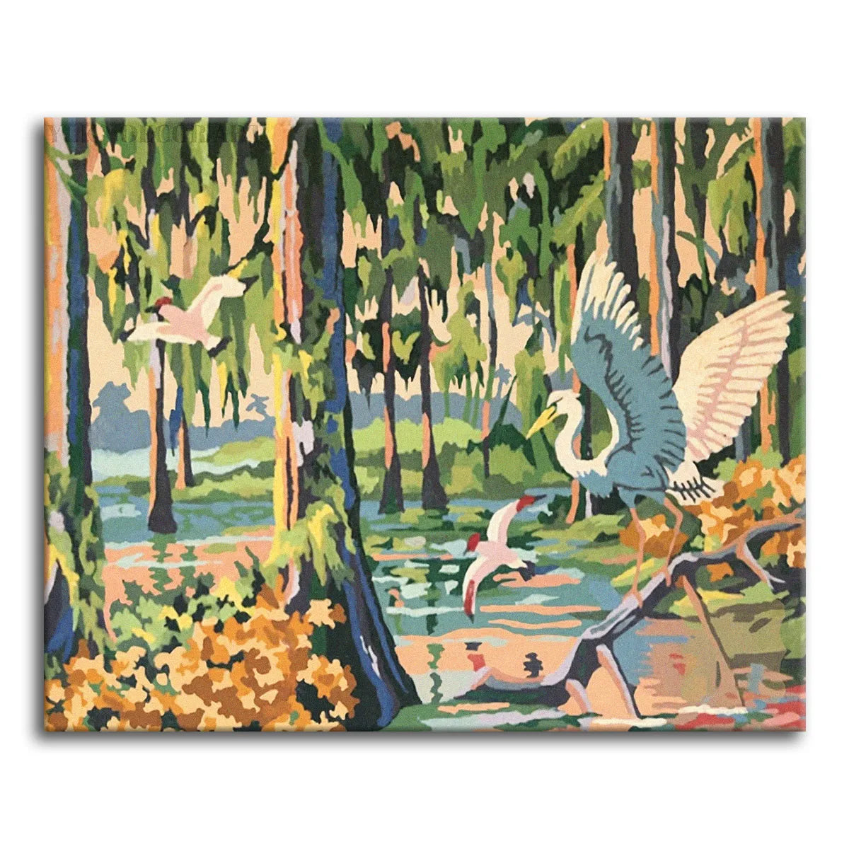 A soft, painterly paint by numbers scene of white and blue-grey herons taking flight in a moss-draped cypress swamp, with tall trees, still water reflections, and golden autumn foliage in the foreground.