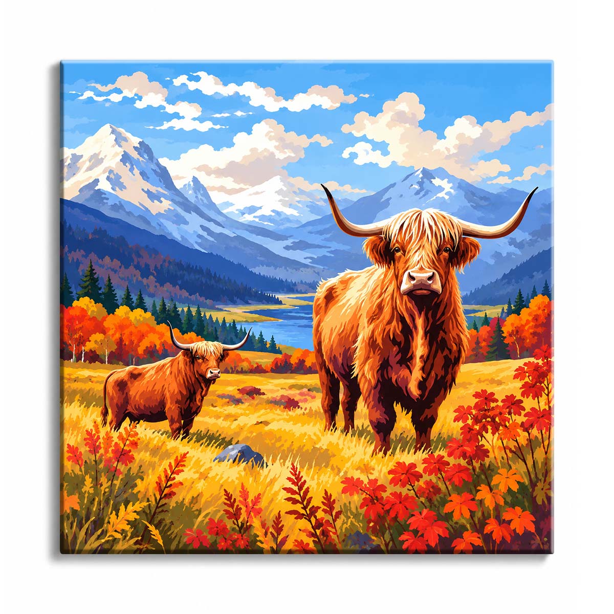 Highland cows standing in an autumn mountain valley with a river, snowy peaks, and golden foliage in a mini paint by numbers design.