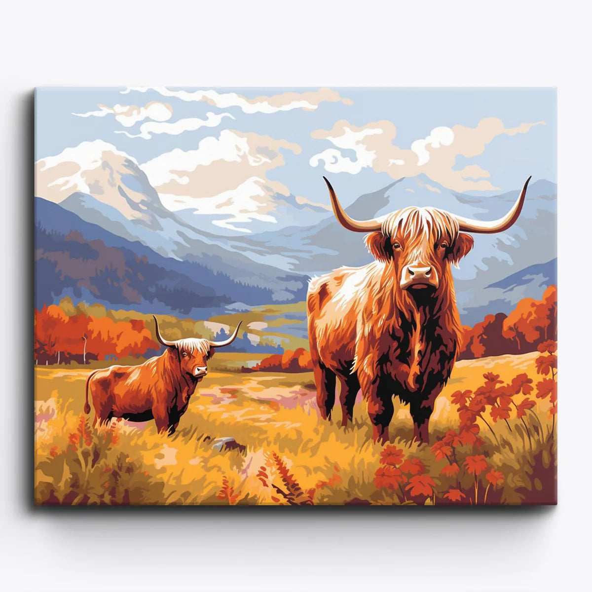 Shaggy Highland cows paint by numbers design in autumn mountain meadow