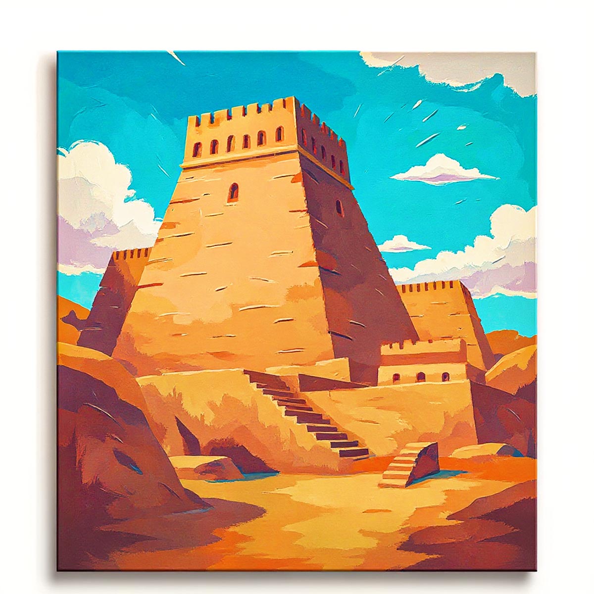 Ancient desert fortress paint by numbers design viewed from below against a bright turquoise sky