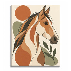 A horse with a rust-and-cream mane beside olive leaves, in a paint by numbers design of broad flat shapes.