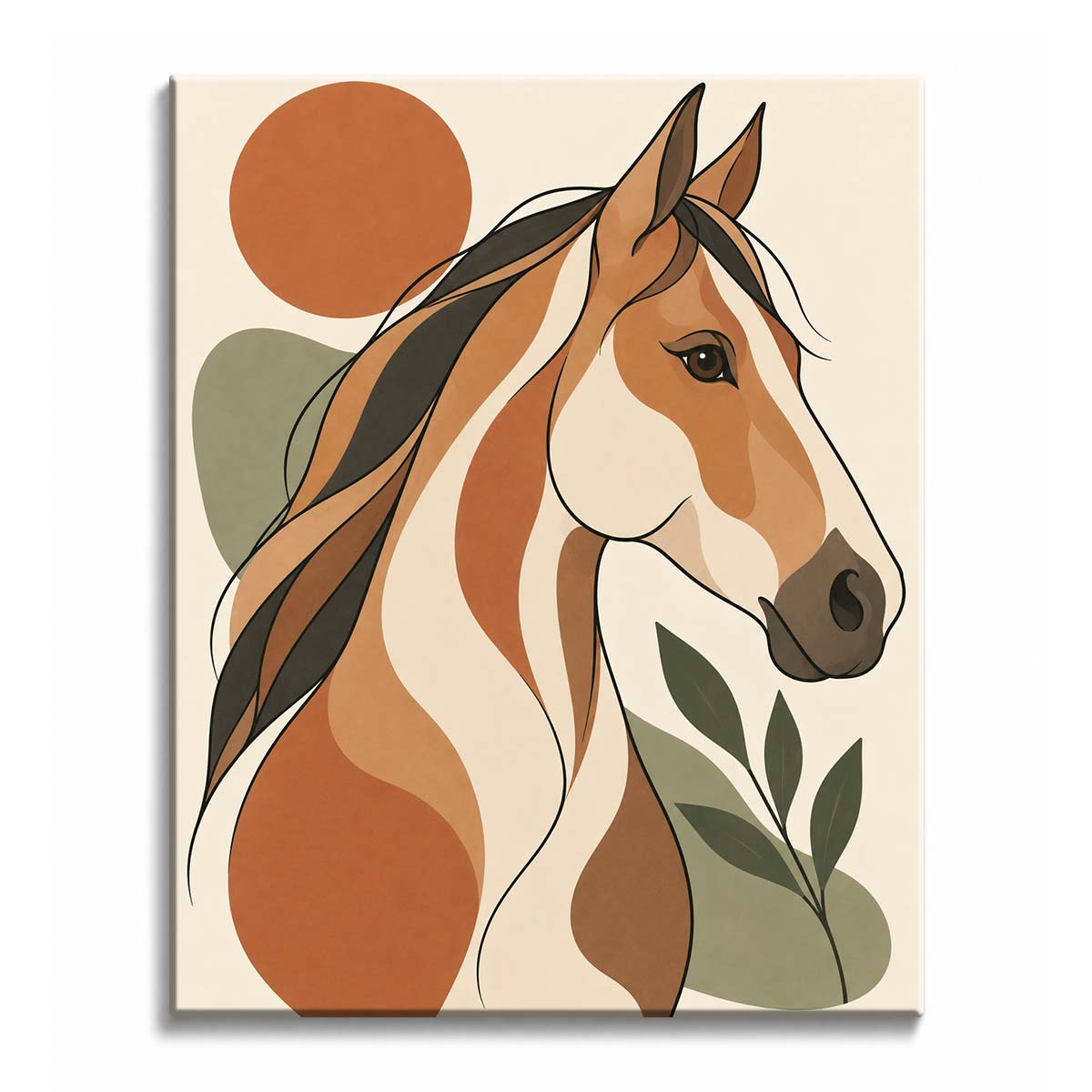 A horse with a rust-and-cream mane beside olive leaves, in a paint by numbers design of broad flat shapes.