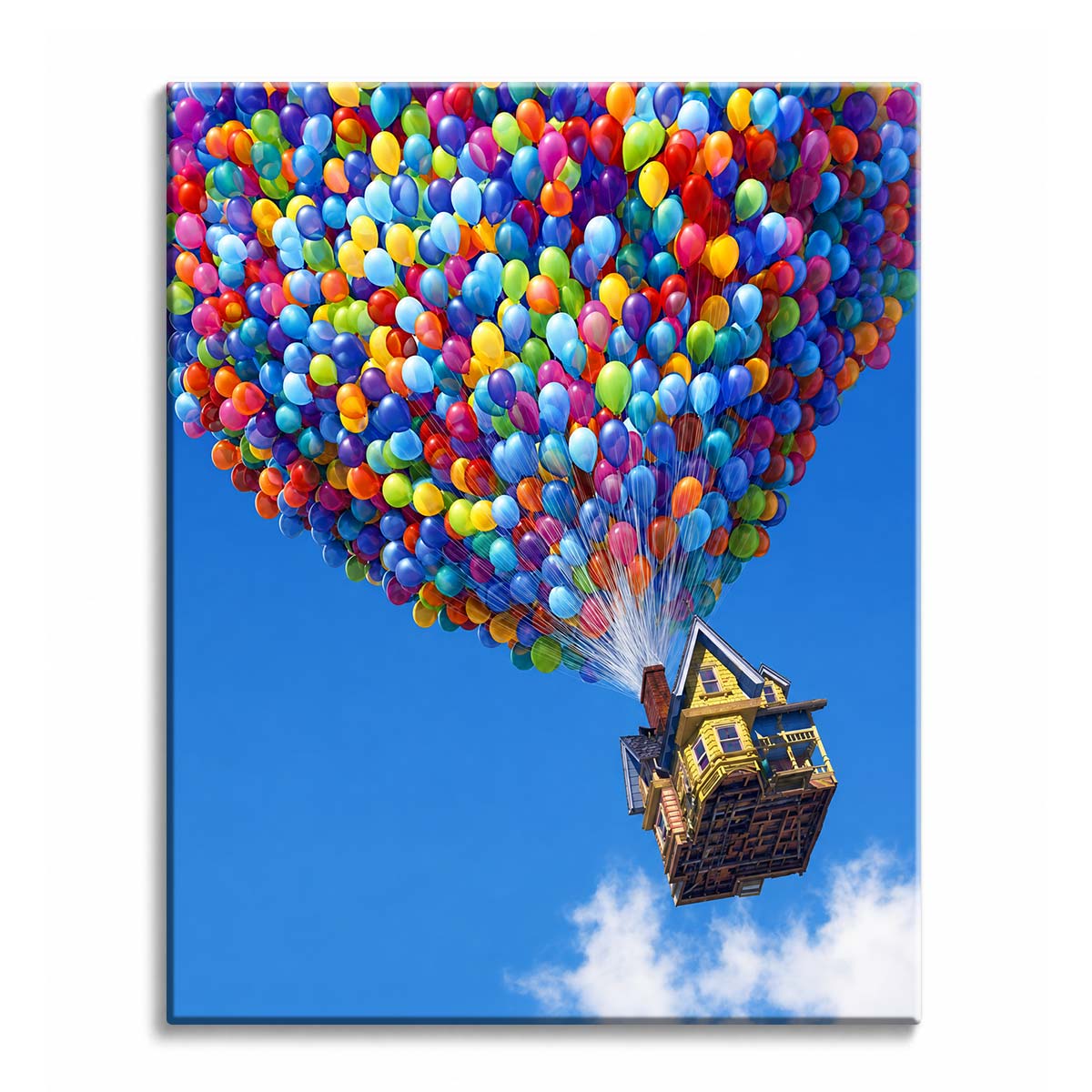 A wooden house carried into a clear blue sky by a huge cluster of colorful balloons, shown as a paint by numbers canvas.