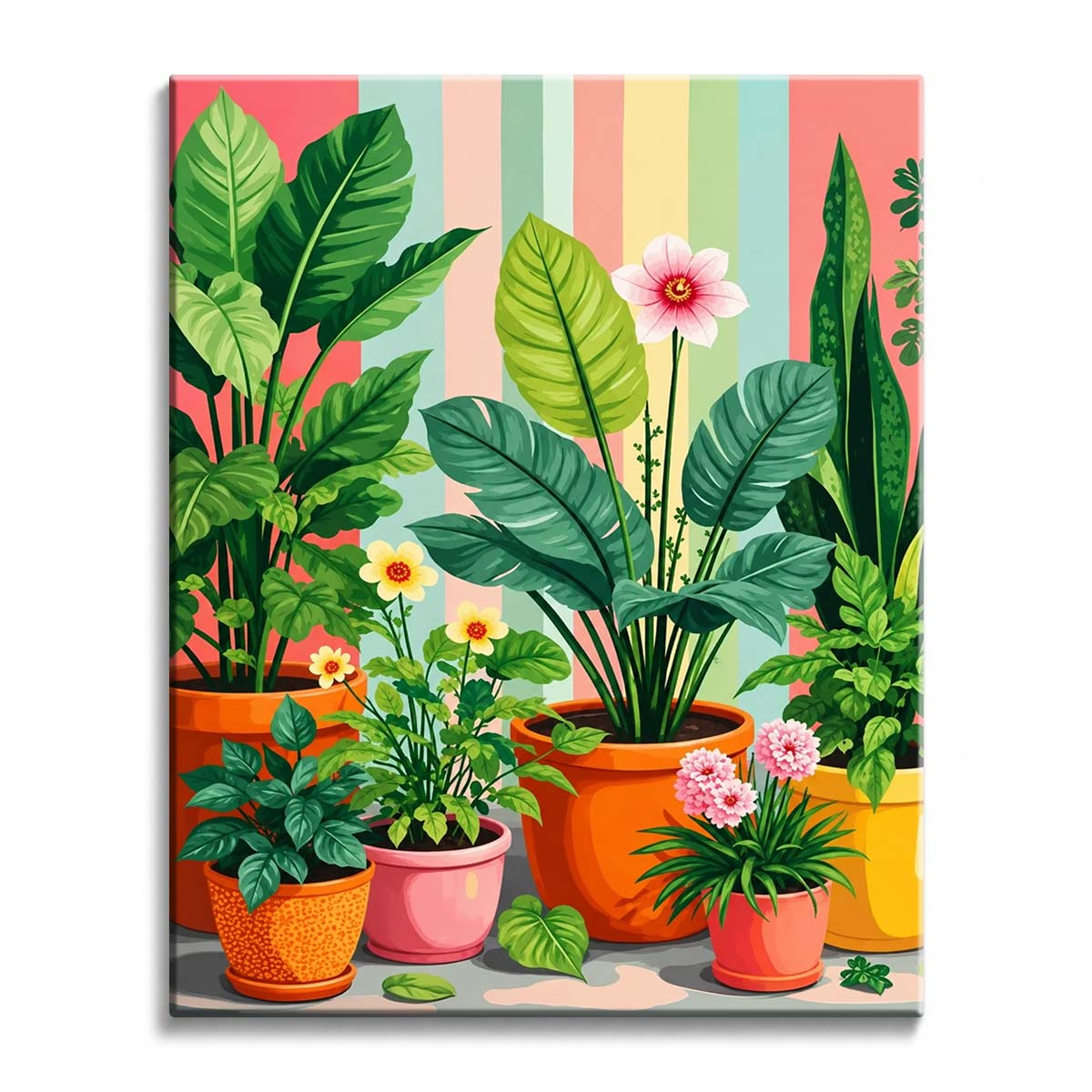 A house plants paint by numbers design showing potted leafy plants and small flowers against a coral and mint striped wall.