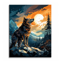 A wolf howling on a rocky ridge against a full moon and orange sky above pine forest, shown as a paint by numbers canvas.