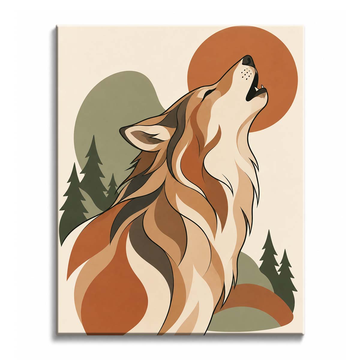 A howling wolf paint by numbers design framed by dark pines, sage hills, and a rust-colored circle.