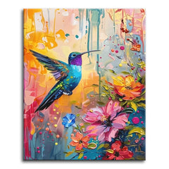 A turquoise hummingbird hovering beside pink and orange flowers against a dripping, multicolored background, shown as a paint by numbers canvas.
