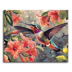 An iridescent hummingbird hovering with wings spread among coral hibiscus flowers on a soft muted background, shown as a paint by numbers canvas.