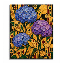 Blue and purple hydrangea blooms among golden Klimt-style mosaic leaves and spirals on black, in a paint by numbers design.