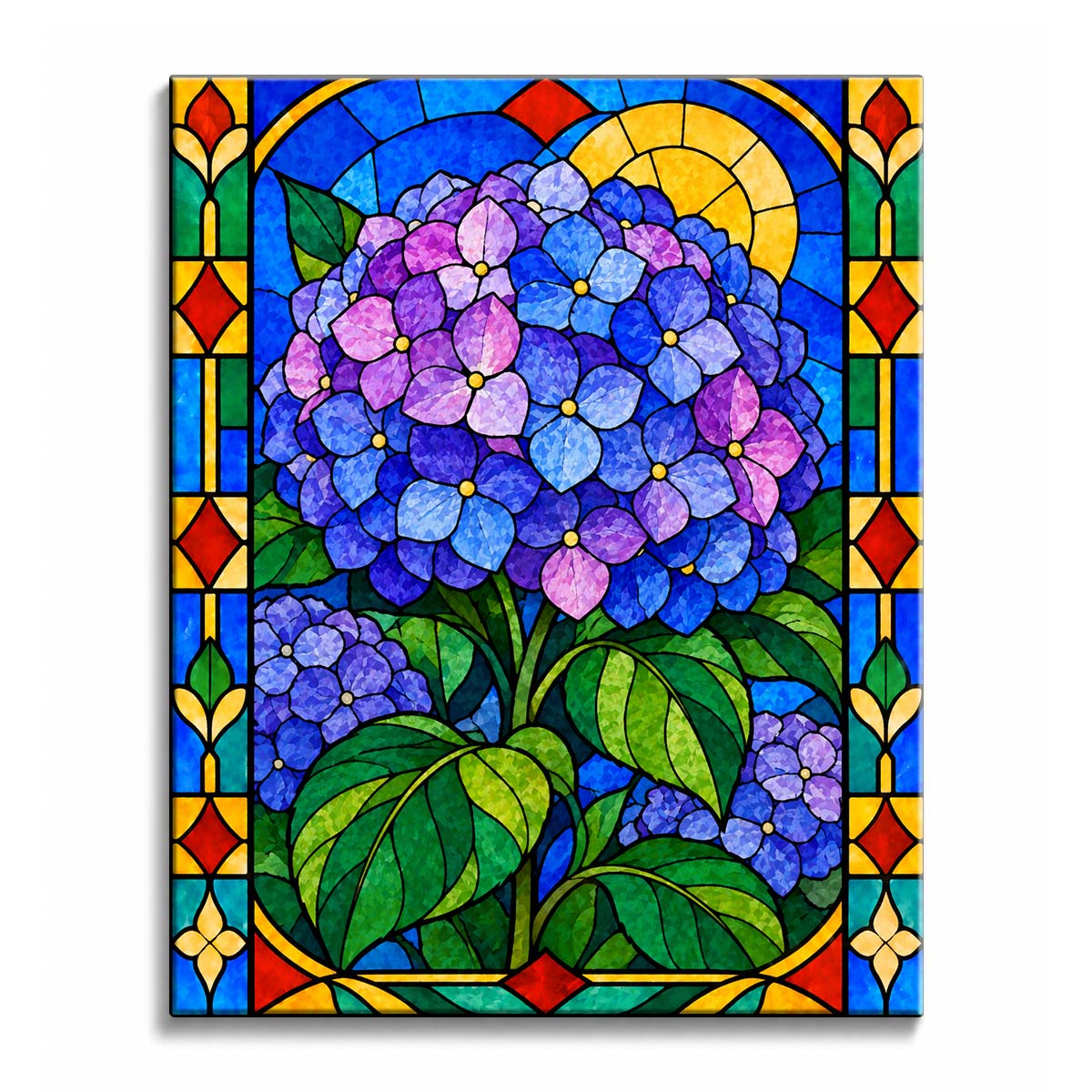 Against a deep blue window, a stained glass hydrangea paint by numbers design layers blue, violet, and pink blooms above broad green leaves beneath a golden disk.