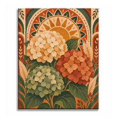 A hydrangea paint by numbers design featuring cream, rust-orange, and sage-green flower clusters with broad green leaves against a golden sunburst and terracotta patterned arches.