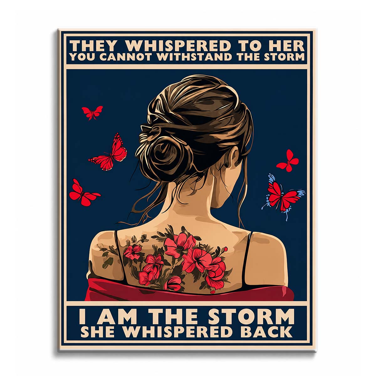 A woman seen from behind with a floral tattoo and red butterflies, framed by a quote in cream lettering on navy, shown as a paint by numbers canvas.