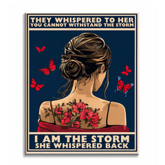 A woman seen from behind with a floral tattoo and red butterflies, framed by a quote in cream lettering on navy, shown as a paint by numbers canvas.