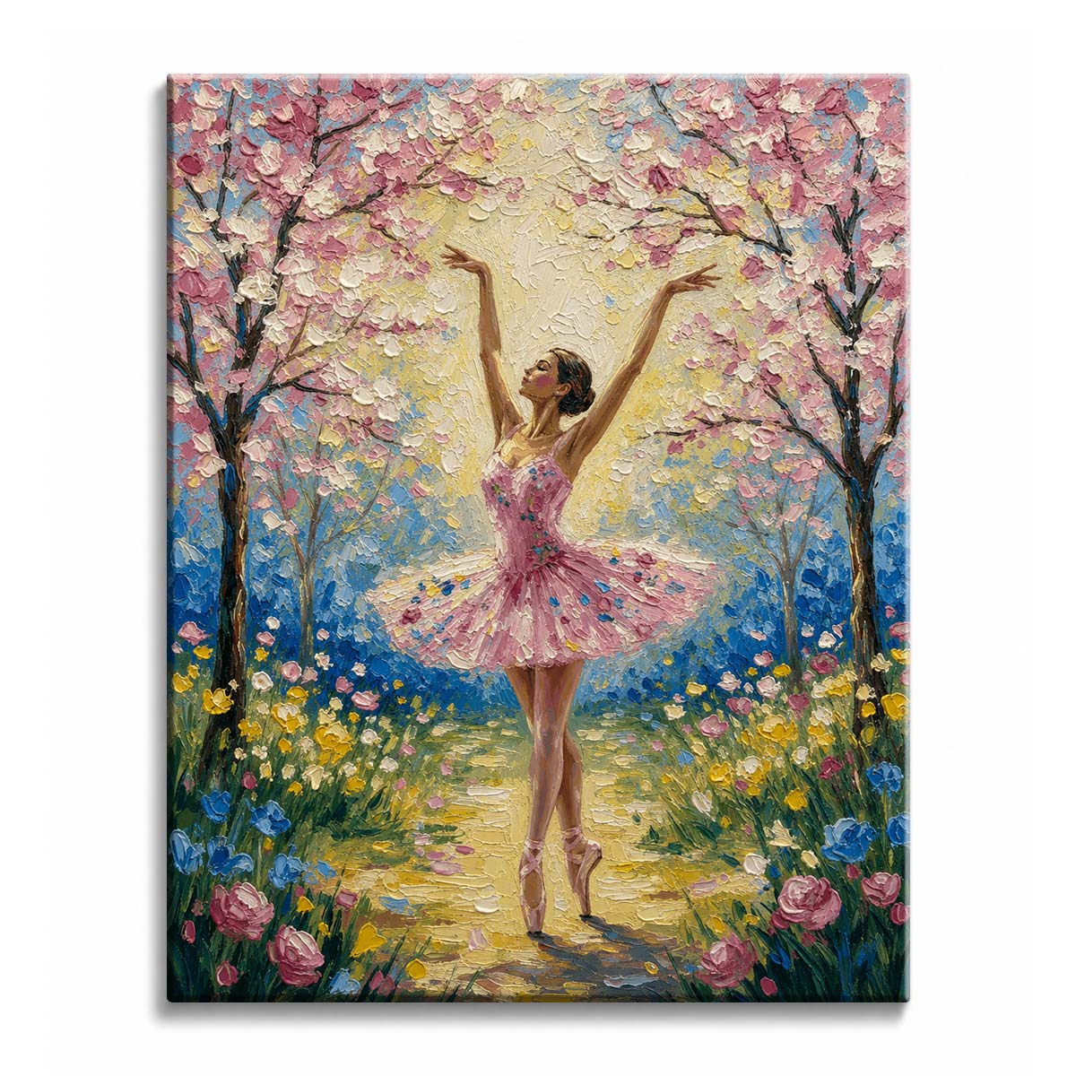 A ballerina raises her arms on a sunlit path between blossoming trees and wildflowers, in a paint by numbers design.