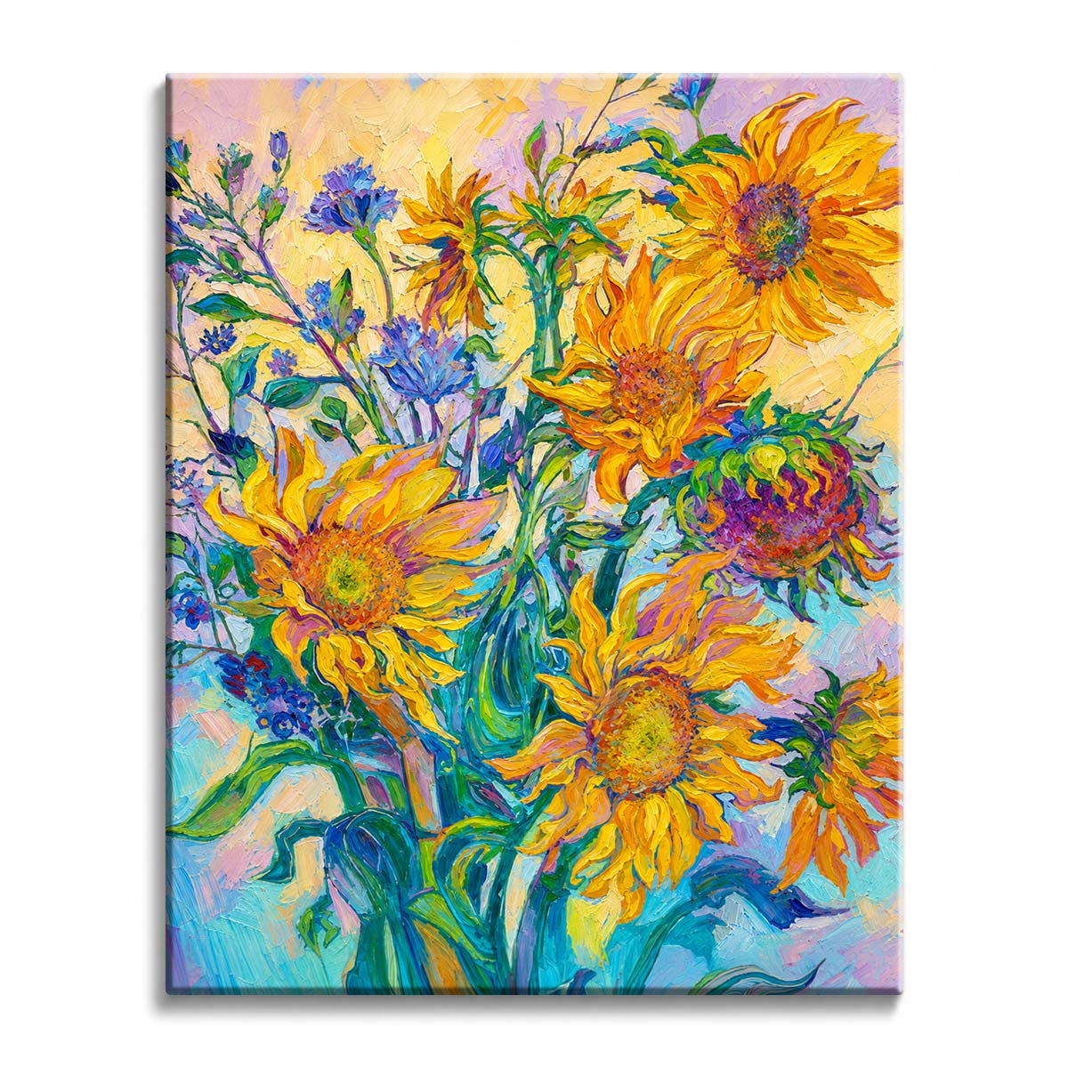 Golden light falls across a bouquet of sunflowers and blue cornflowers painted in thick knife strokes, in a paint by numbers design.