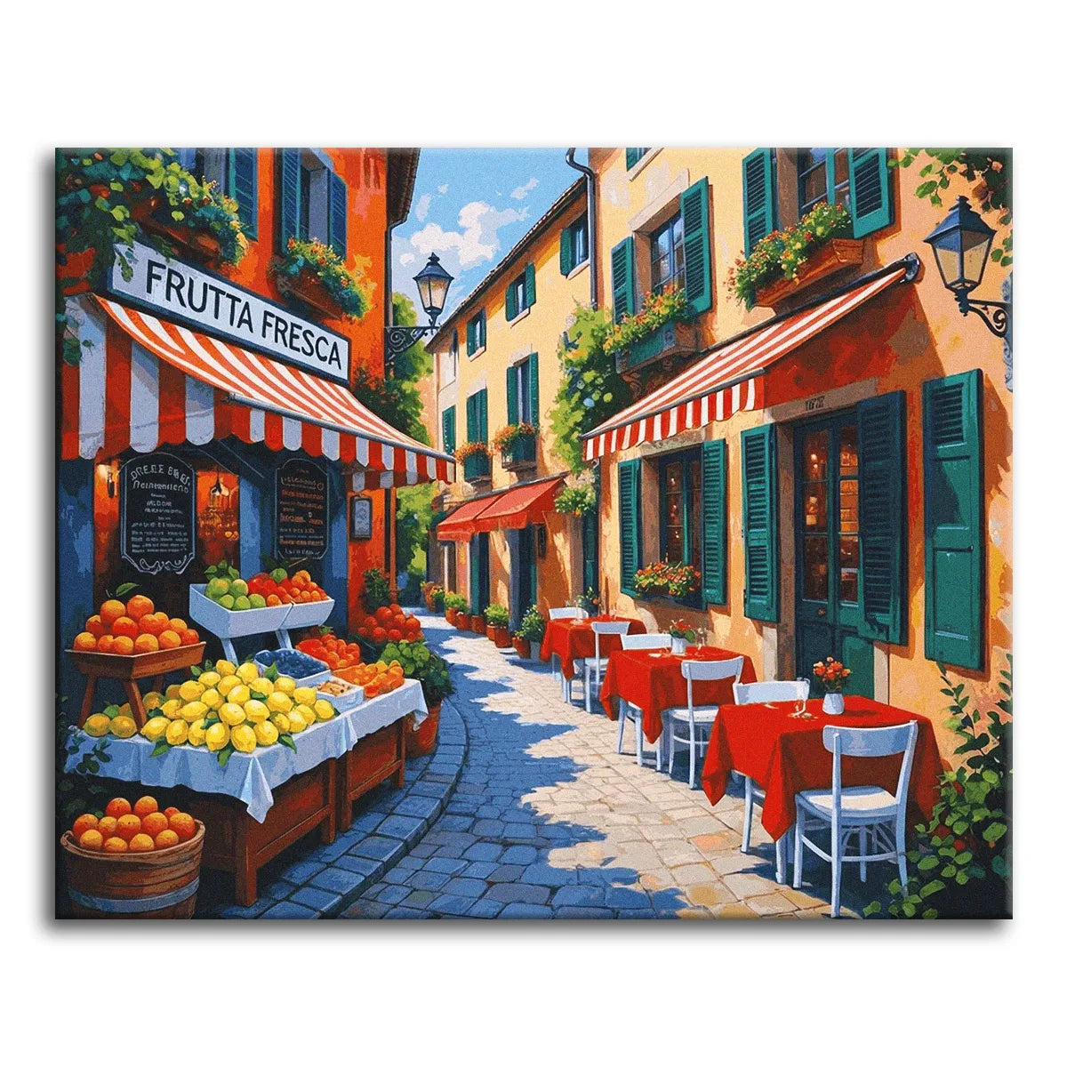 A paint by numbers canvas of a sunlit Italian street with a fresh fruit stand, red-clothed café tables, striped awnings, and green-shuttered buildings.