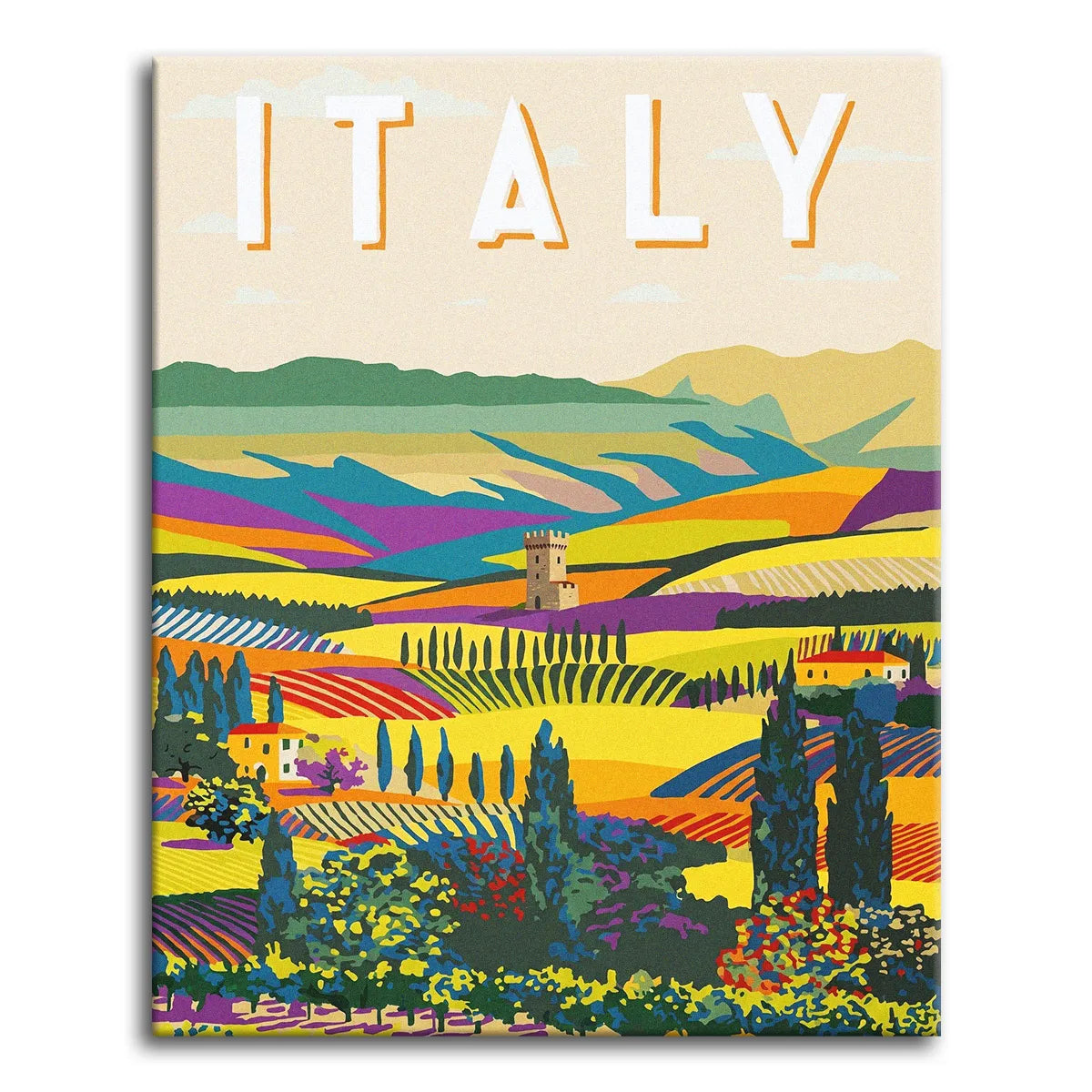 A paint by numbers canvas in retro travel-poster style showing Tuscan hills in bold color blocks, with cypress trees, a stone tower, and "ITALY" across the top.