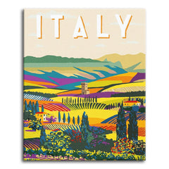 A paint by numbers canvas in retro travel-poster style showing Tuscan hills in bold color blocks, with cypress trees, a stone tower, and "ITALY" across the top.