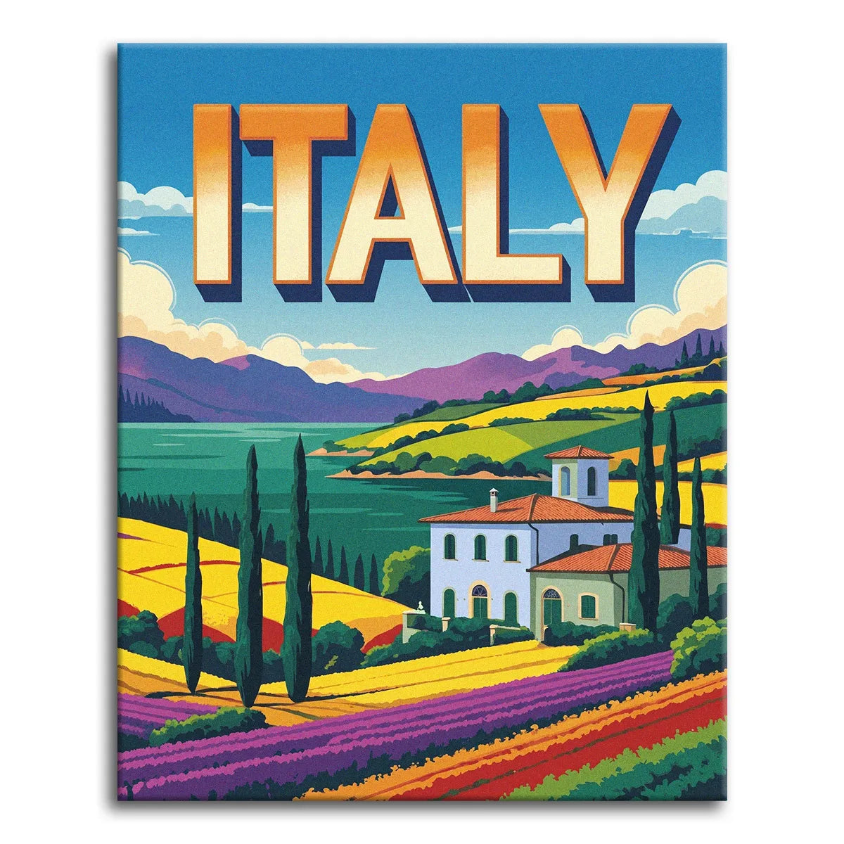 A paint by numbers canvas in retro travel-poster style of a Tuscan villa with cypress trees, golden fields, purple lavender rows, and "ITALY" across the sky.