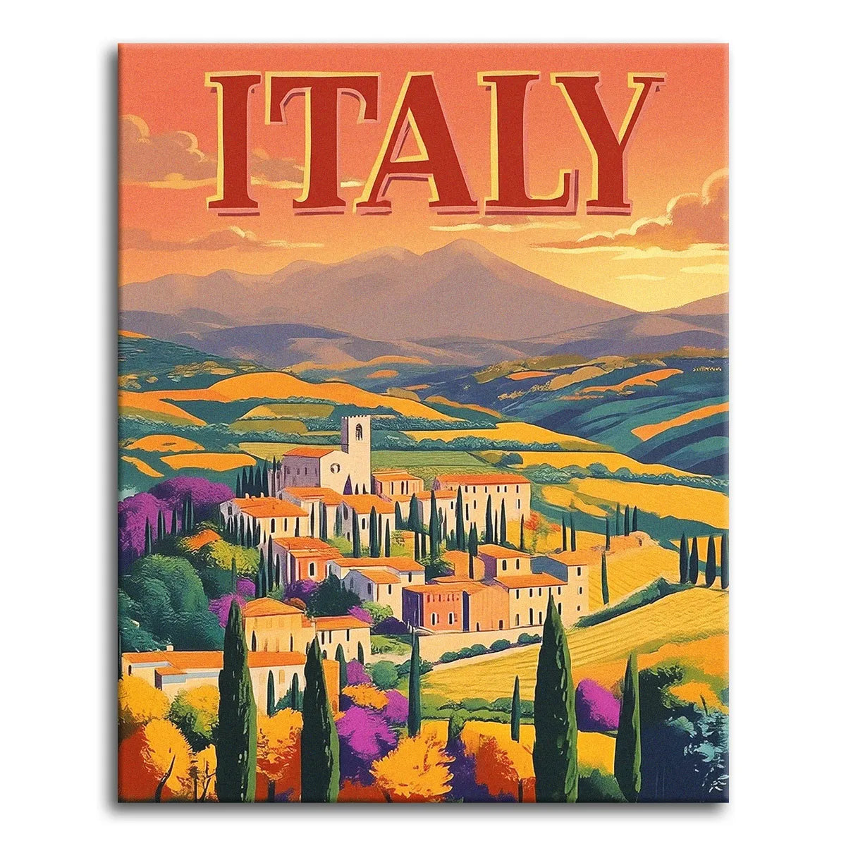 A paint by numbers canvas in vintage travel-poster style of a Tuscan hilltop town at sunset, with cypress trees, rolling fields, and "ITALY" across the sky.