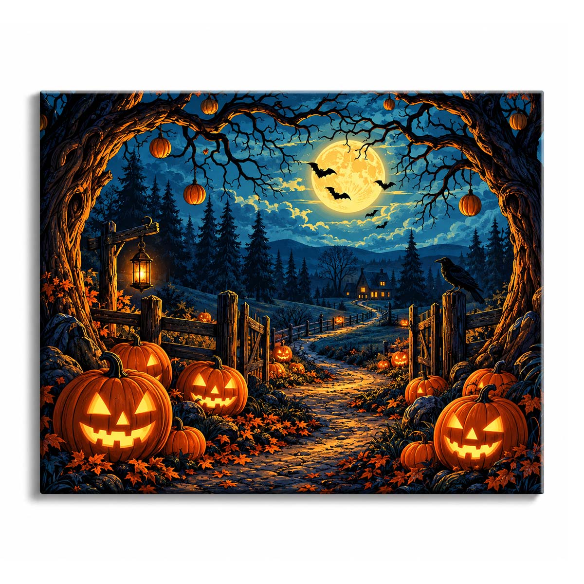 Glowing jack-o'-lanterns line a stone path and hang from gnarled trees under a full moon, in a Halloween paint by numbers design.