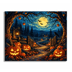 Glowing jack-o'-lanterns line a stone path and hang from gnarled trees under a full moon, in a Halloween paint by numbers design.