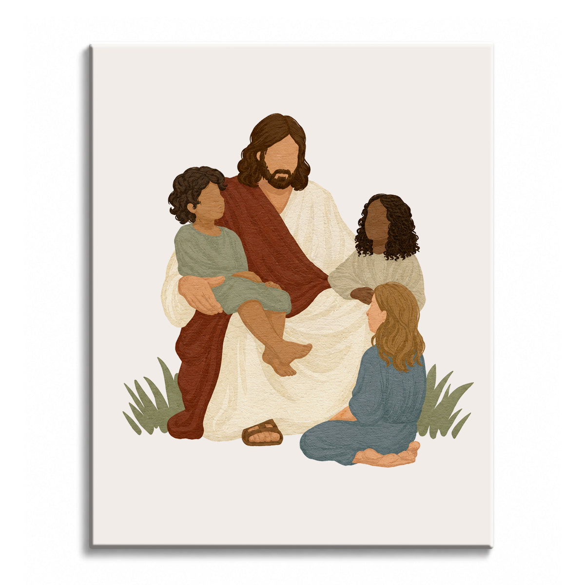 A paint by numbers canvas in soft modern illustration style of Jesus seated among three children of different backgrounds, in warm earthy tones on a neutral background.