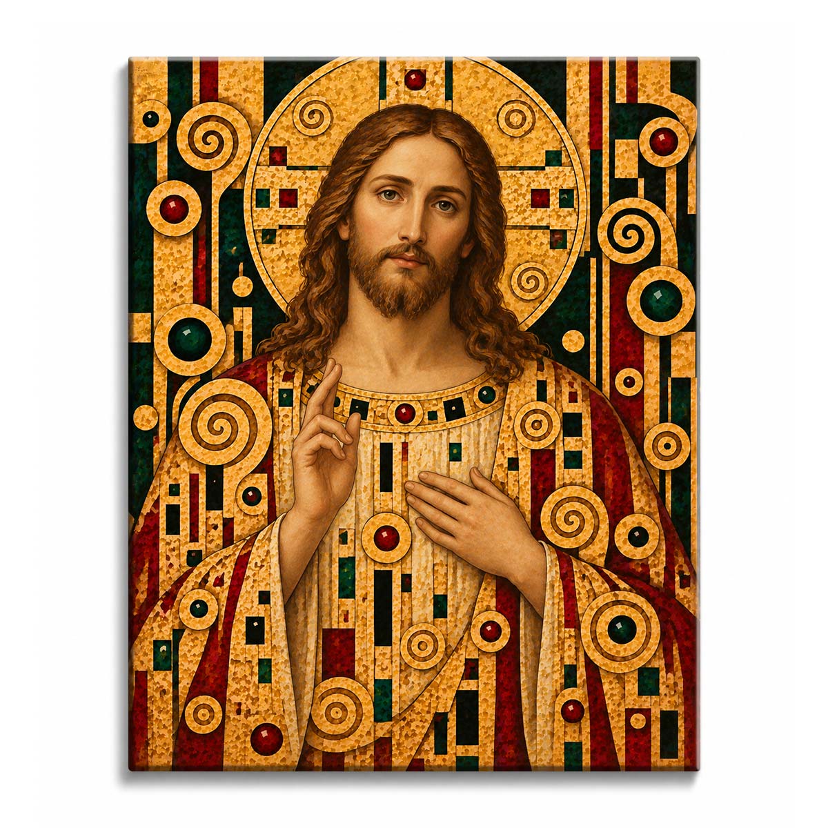 Before a golden mosaic halo, Christ raises one hand in blessing in robes of Klimt-style ornament, in a paint by numbers design.