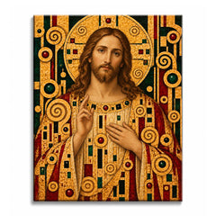 Before a golden mosaic halo, Christ raises one hand in blessing in robes of Klimt-style ornament, in a paint by numbers design.