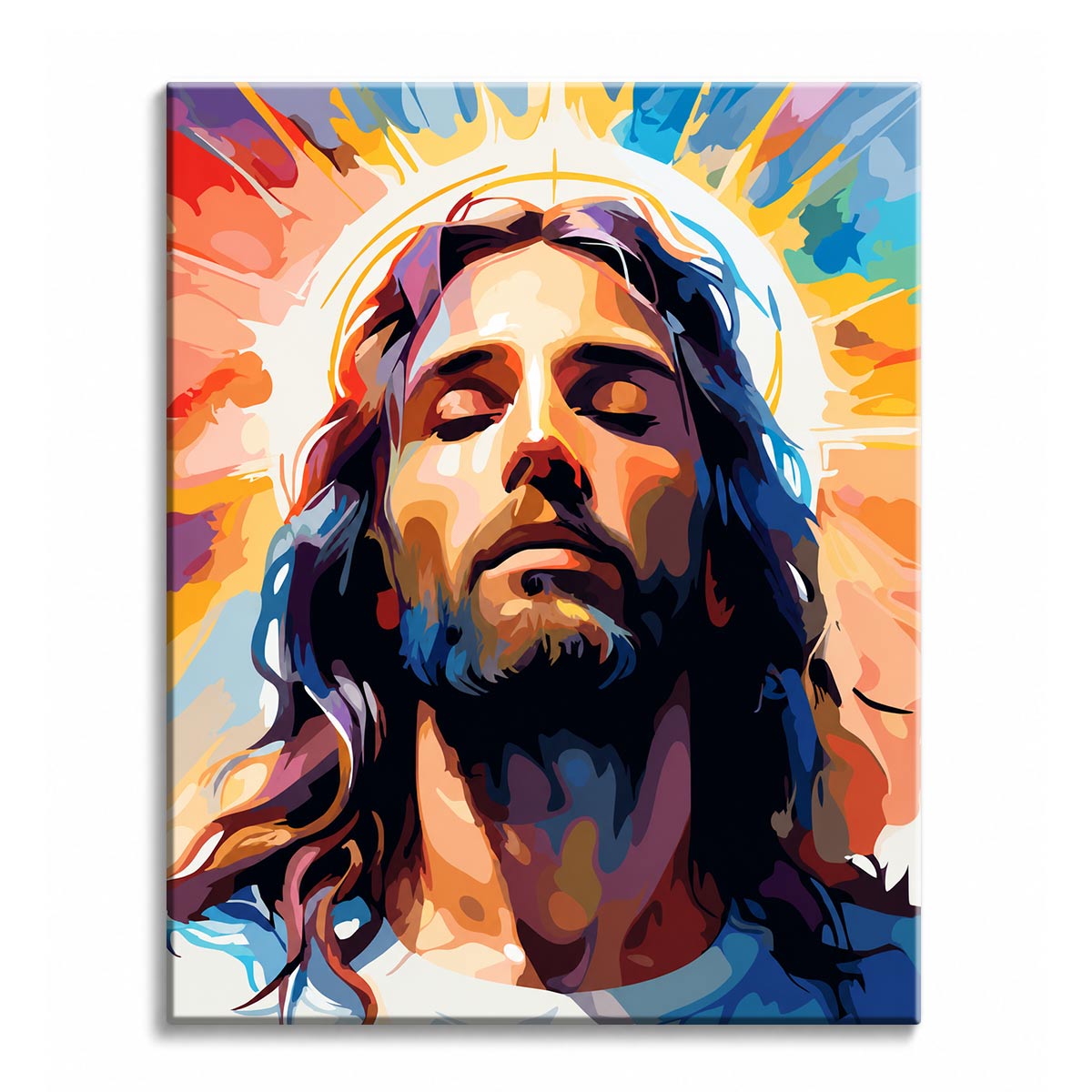 A paint by numbers canvas of a bold pop-art portrait of Jesus with a golden halo, rendered in vivid rainbow color and confident brushstrokes.