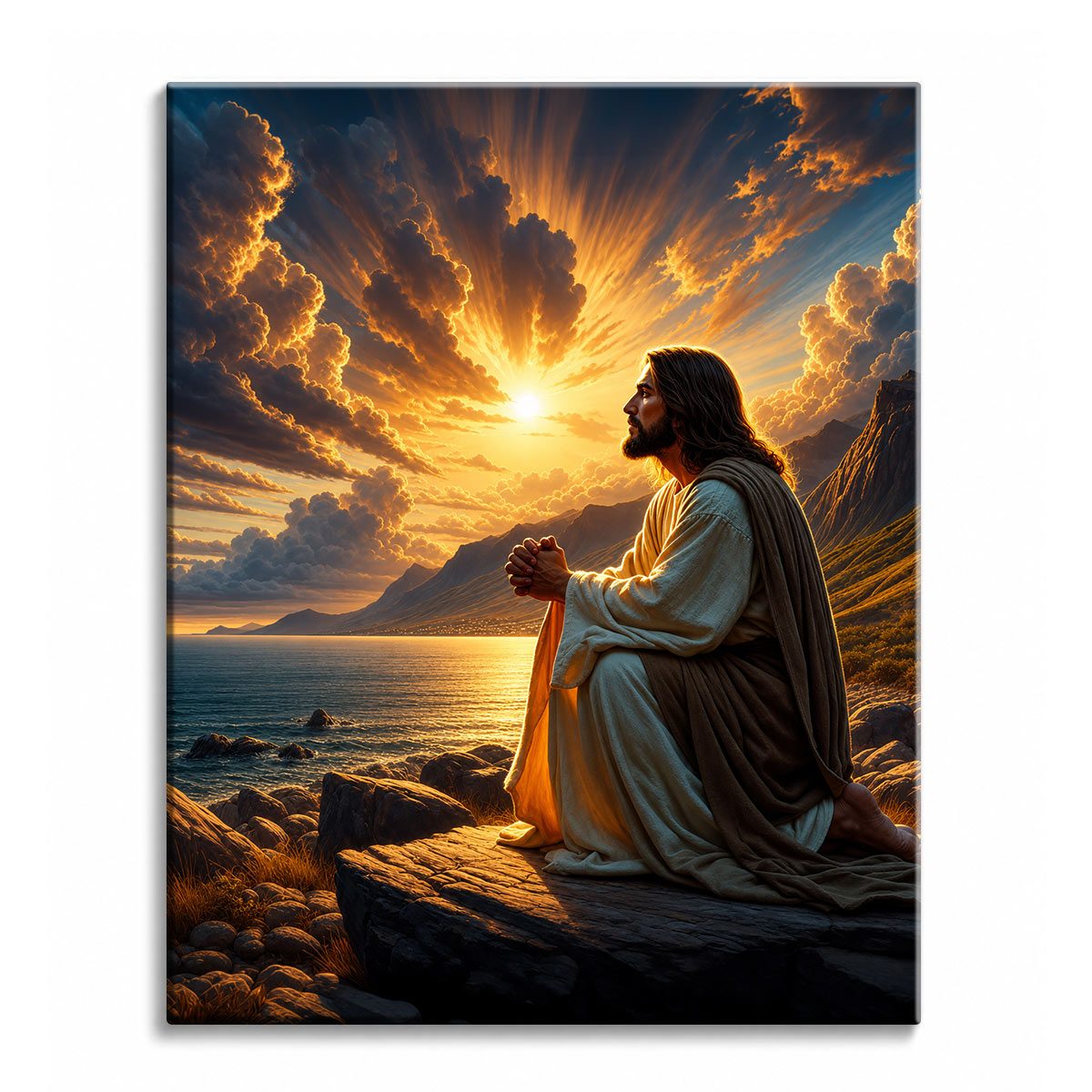 A paint by numbers canvas of Jesus kneeling in prayer on a rocky shore, face lifted to a radiant golden sunrise over the sea and mountains.