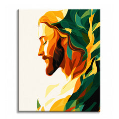 A paint by numbers canvas of Jesus in bold modern vector style, shown in profile with hair and robes flowing into green and gold color blocks on cream.