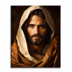 A portrait of Jesus in a cream head covering and ochre robe against a dark brown background, shown as a paint by numbers canvas.