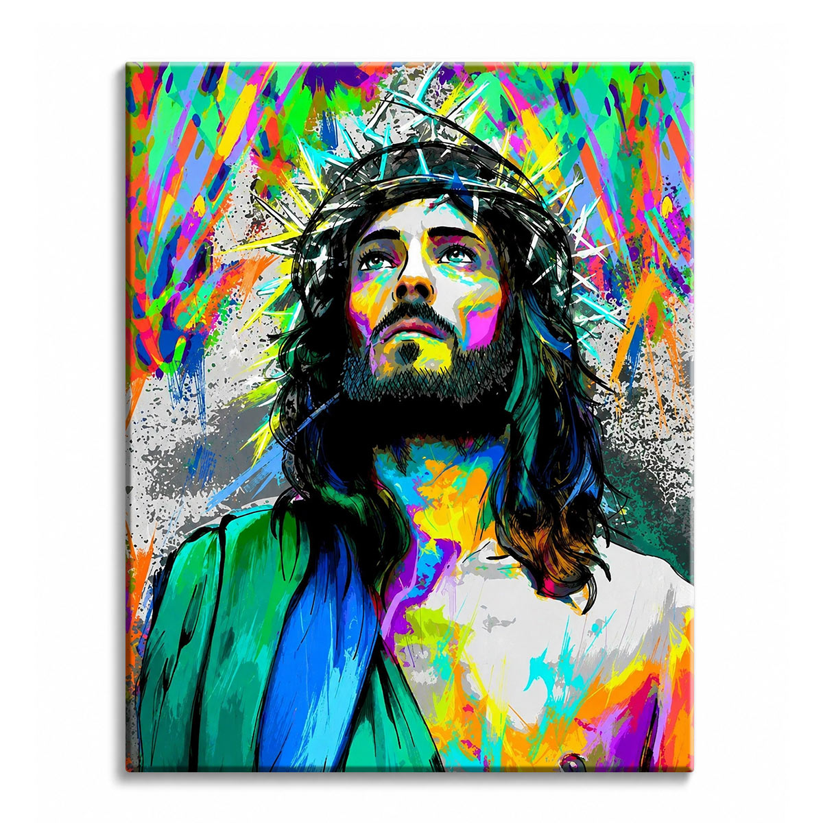 A paint by numbers canvas of Jesus in bold street-art style, crowned with thorns and gazing upward amid neon graffiti splatters on a grey wall.