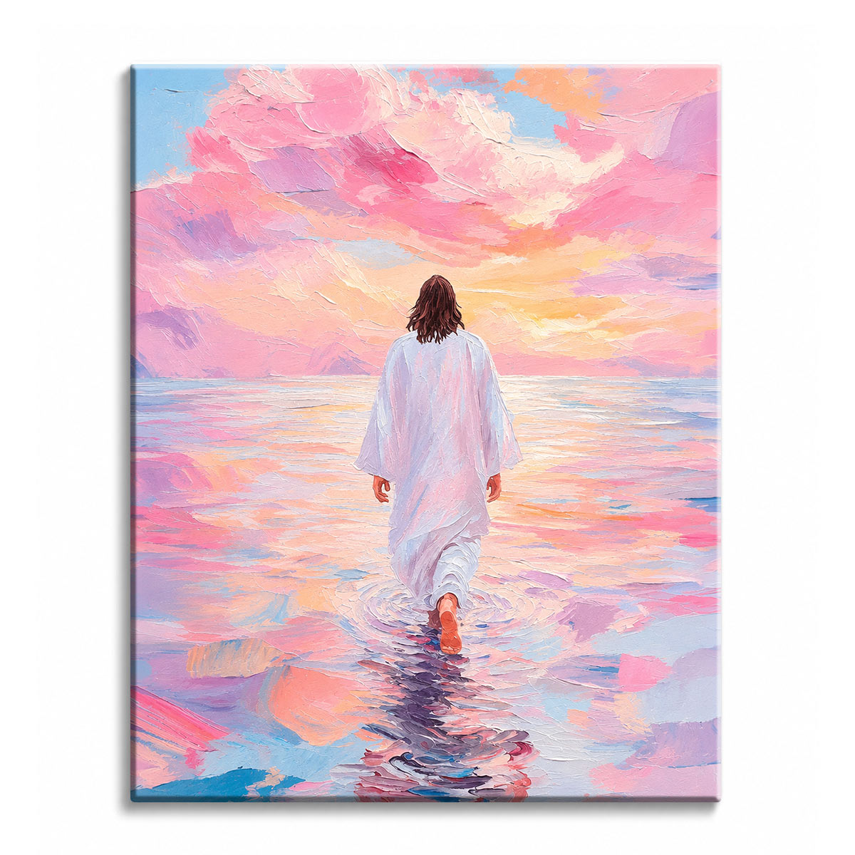 A paint by numbers canvas in soft impasto style of Jesus walking across calm water toward a pastel pink and peach sunset, with ripples spreading behind him.