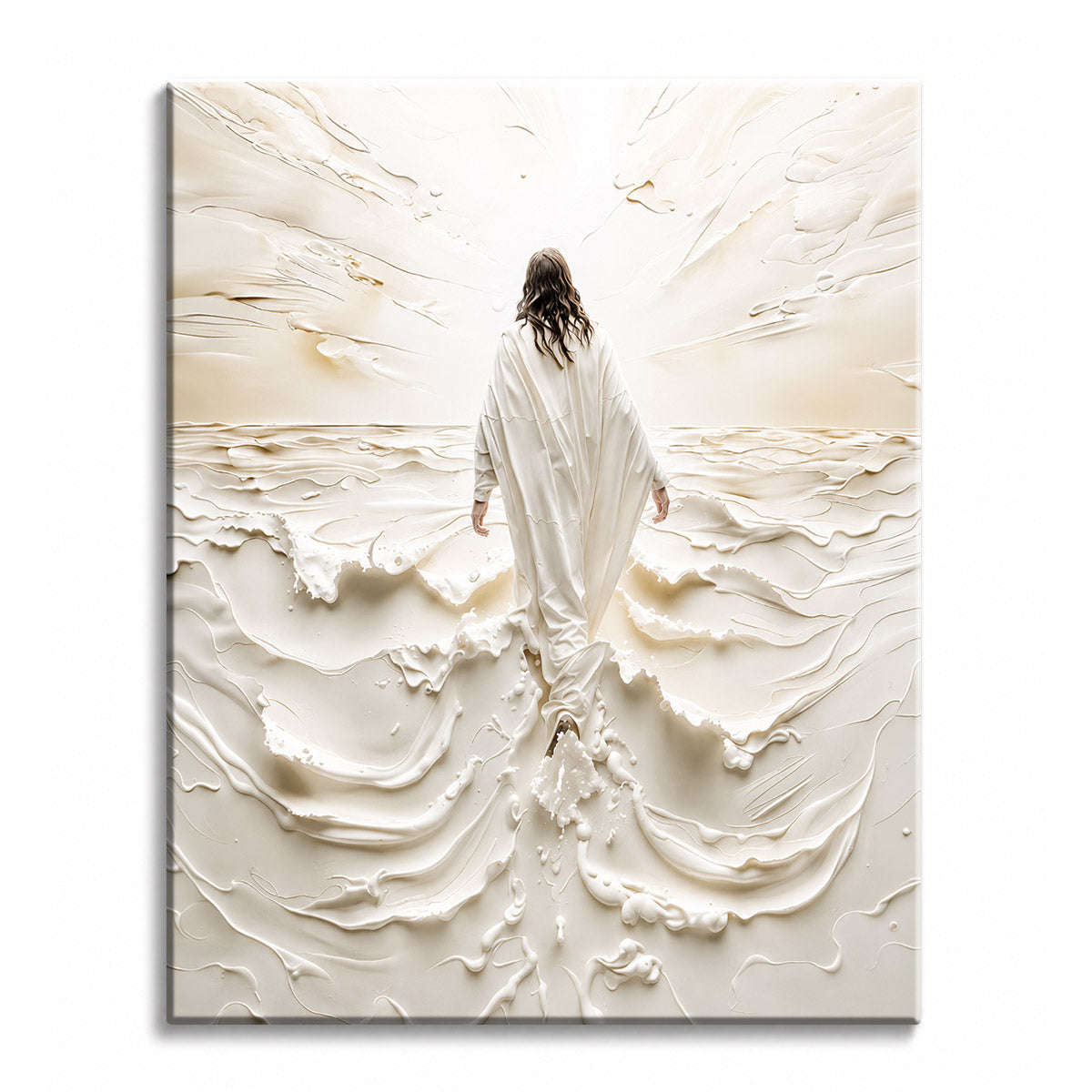 A paint by numbers canvas of Jesus in white robes walking across the sea toward radiant light, rendered in a textured, near-monochrome cream style.